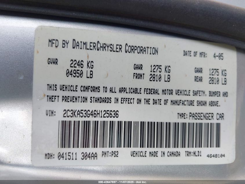 2006 Chrysler 300 Touring VIN: 2C3KA53G46H125636 Lot: 43647697