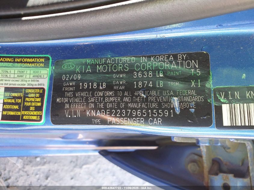 2009 Kia Rio Lx VIN: KNADE223796515591 Lot: 43647722