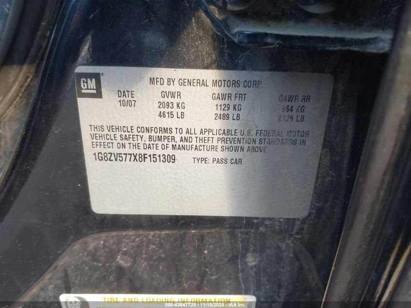 2008 Saturn Aura Xr VIN: 1G8ZV577X8F151309 Lot: 43647729