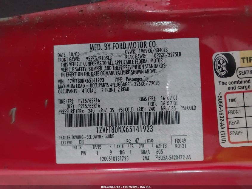 2006 Ford Mustang V6 VIN: 1ZVFT80NX65141923 Lot: 43647743