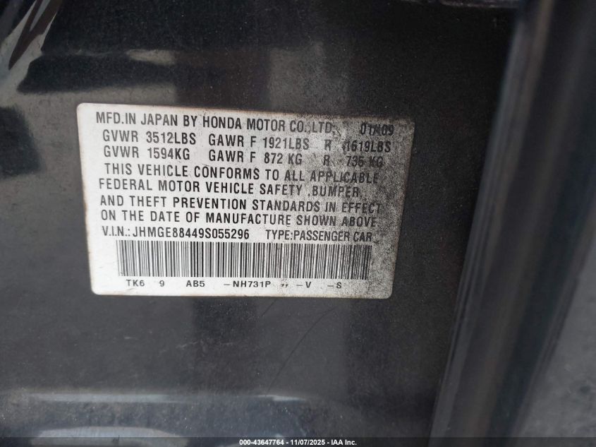 2009 Honda Fit Sport VIN: JHMGE88449S055296 Lot: 43647764