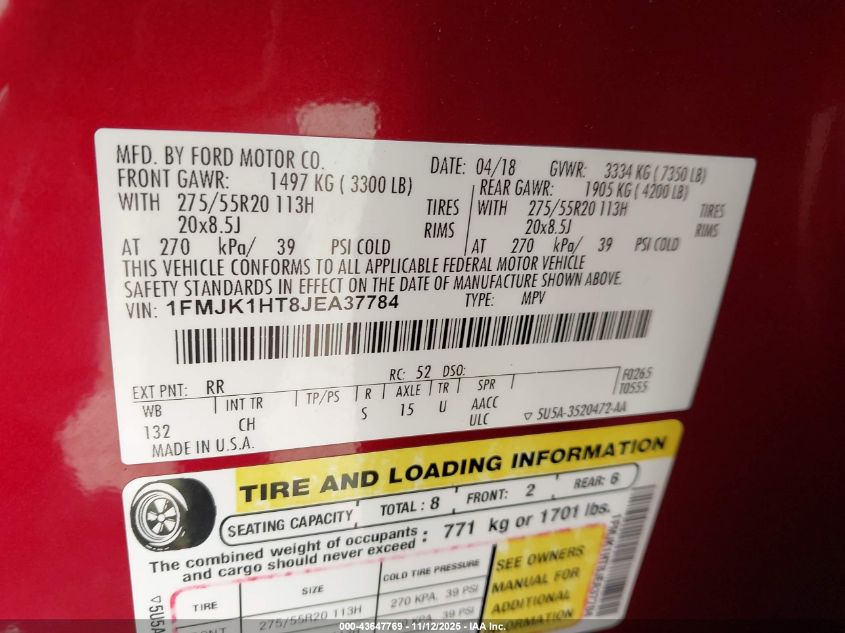 2018 Ford Expedition Max Xlt VIN: 1FMJK1HT8JEA37784 Lot: 43647769