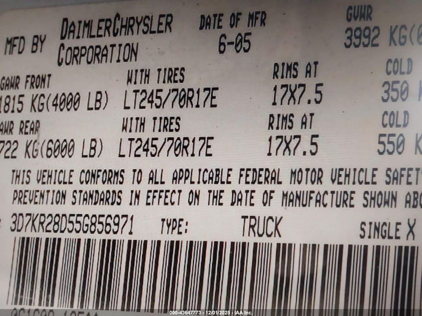 2005 Dodge Ram 2500 St VIN: 3D7KR28D55G856971 Lot: 43647773