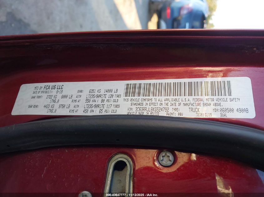 2019 Ram 3500 Laramie 4X4 8' Box VIN: 3C63RRJL6KG524792 Lot: 43647777