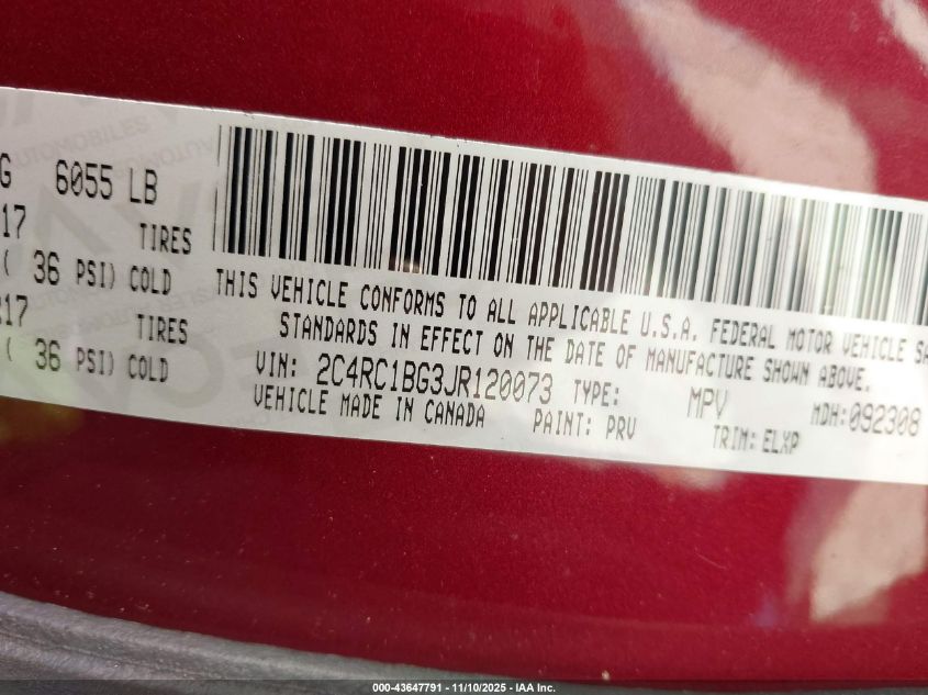 2018 Chrysler Pacifica Touring L VIN: 2C4RC1BG3JR120073 Lot: 43647791