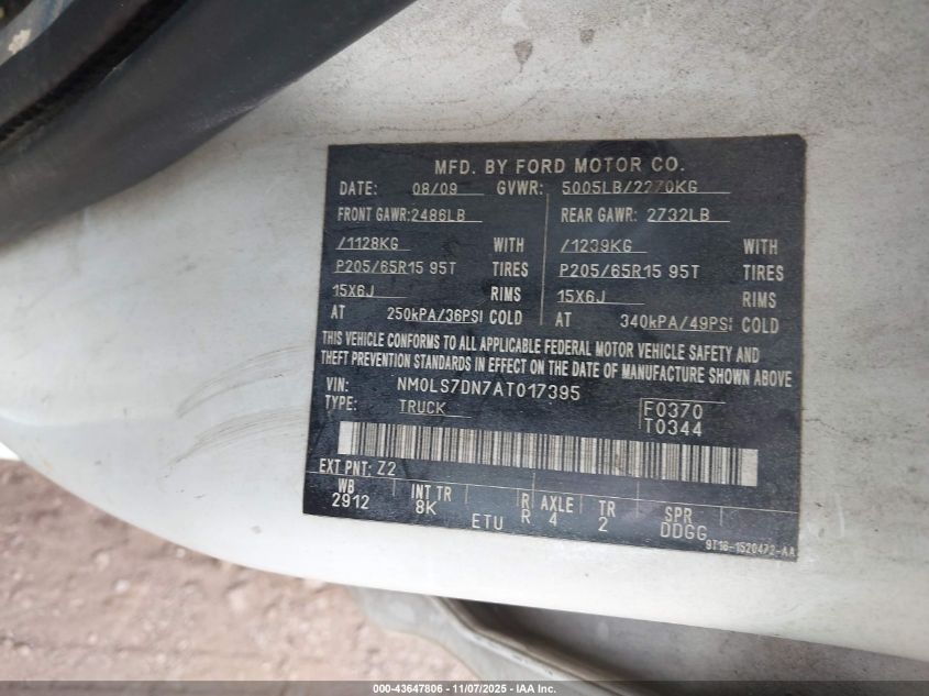 2010 Ford Transit Connect Xlt VIN: NM0LS7DN7AT017395 Lot: 43647806