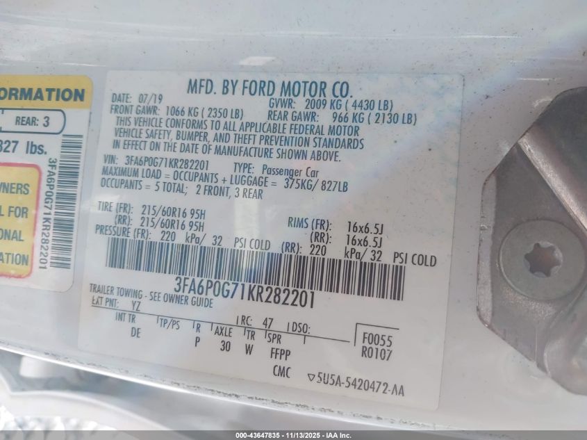 2019 Ford Fusion S VIN: 3FA6P0G71KR282201 Lot: 43647835