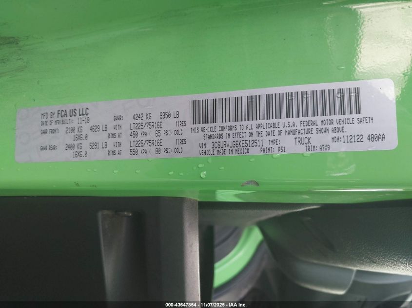 2019 Ram Promaster 3500 Cargo Van High Roof 159 Wb Ext VIN: 3C6URVJG6KE512511 Lot: 43647854