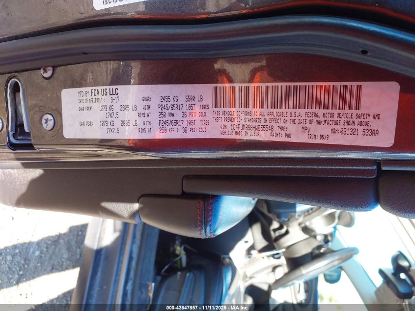 2017 Jeep Cherokee Trailhawk 4X4 VIN: 1C4PJMBS8HW655548 Lot: 43647857