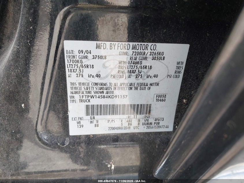 1FTPW14584KD91157 2004 FORD F-150 photo no. 9
