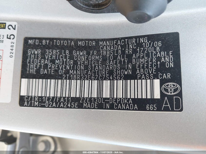 2T1BR32E67C754562 2007 TOYOTA COROLLA photo no. 9