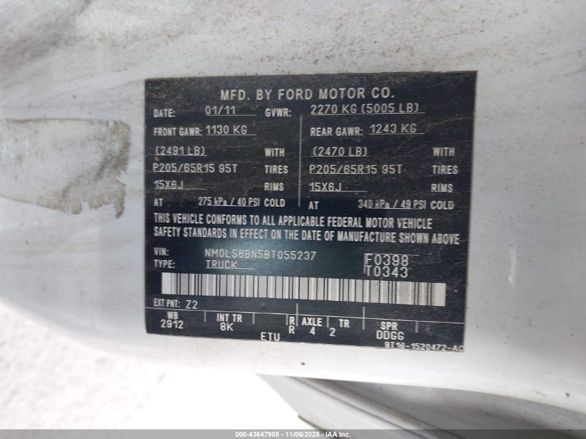 2011 Ford Transit Connect Xlt VIN: NM0LS6BN5BT055237 Lot: 43647908