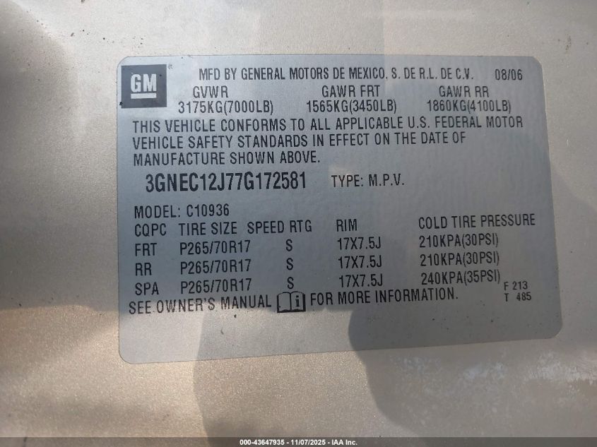 2007 Chevrolet Avalanche 1500 Ls VIN: 3GNEC12J77G172581 Lot: 43647935