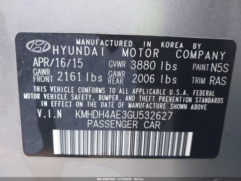 2016 Hyundai Elantra Se VIN: KMHDH4AE3GU532627 Lot: 43647944