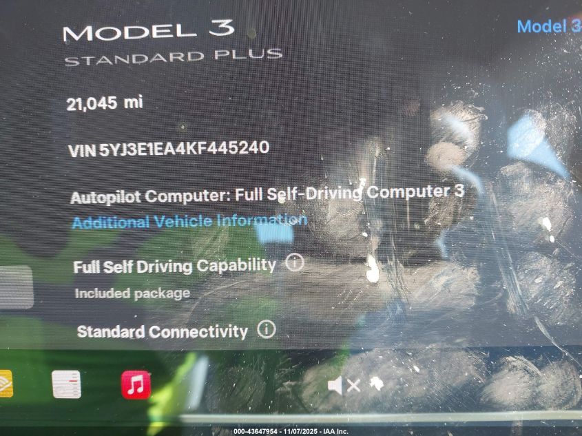 2019 Tesla Model 3 Long Range/Mid Range/Standard Range/Standard Range Plus VIN: 5YJ3E1EA4KF445240 Lot: 43647954
