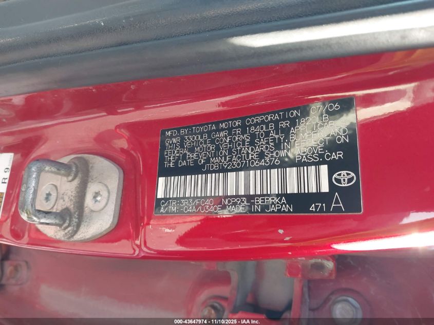 2007 Toyota Yaris S VIN: JTDBT923071064376 Lot: 43647974