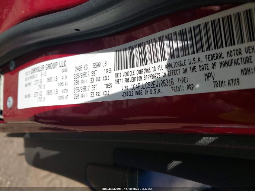 2014 Jeep Cherokee VIN: 1C4EJLCS2EW106318 Lot: 43647999