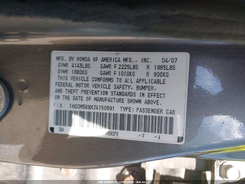 1HGCM568X7A150991 2007 HONDA ACCORD photo no. 9