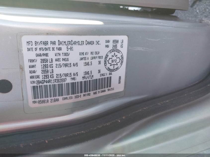 2B4GP44R11R363597 2001 DODGE CARAVAN photo no. 9