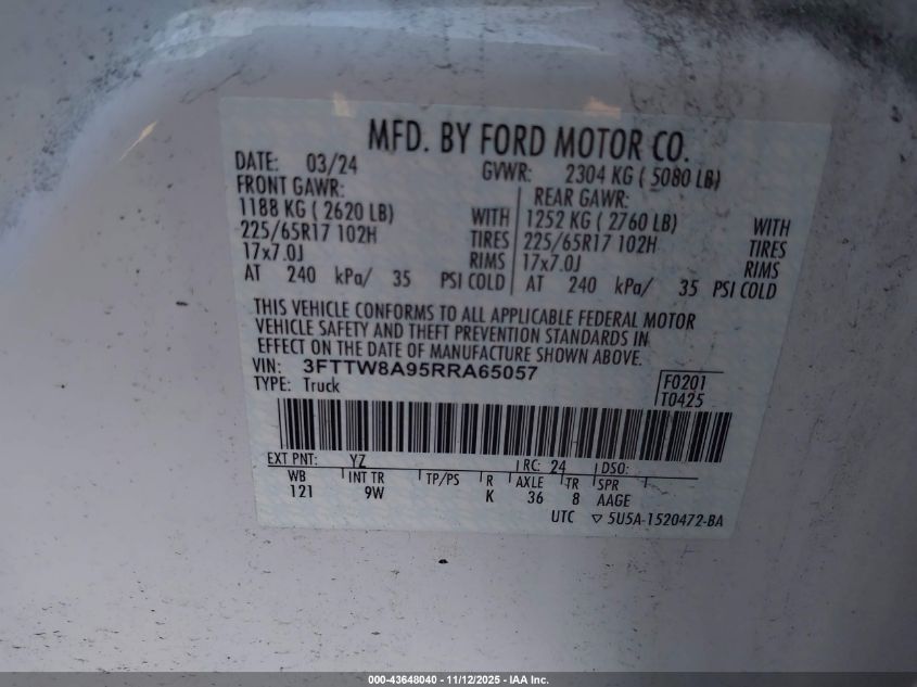 2024 Ford Maverick Xl VIN: 3FTTW8A95RRA65057 Lot: 43648040