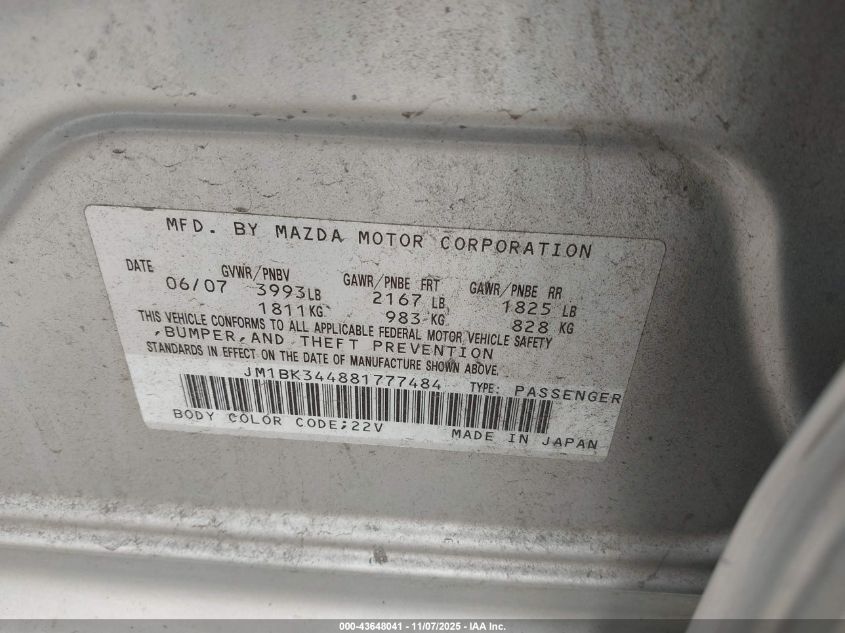 2008 Mazda Mazda3 S Touring VIN: JM1BK344881777484 Lot: 43648041