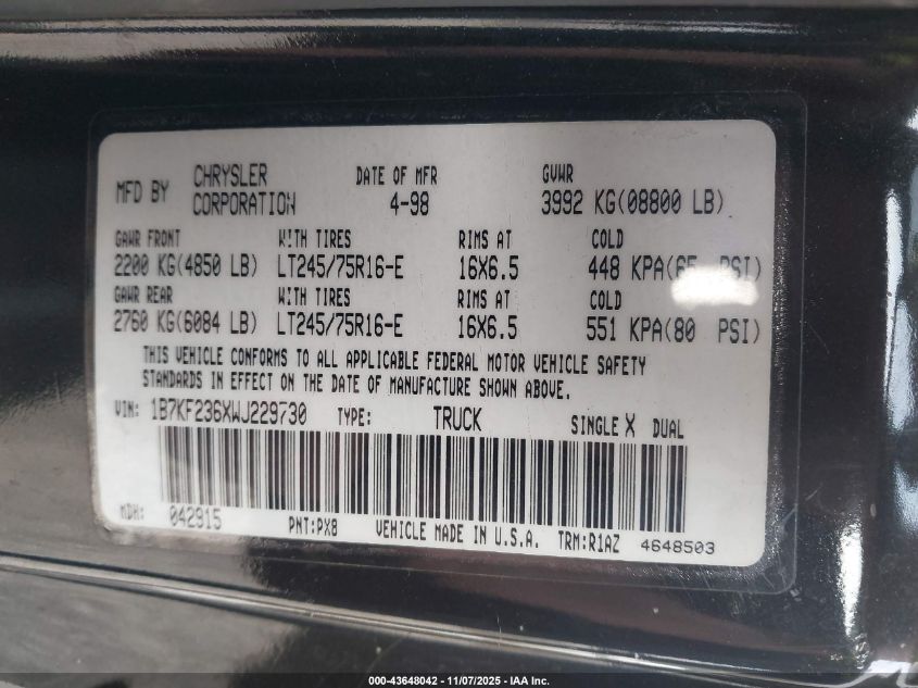 1998 Dodge Ram 2500 St VIN: 1B7KF236XWJ229730 Lot: 43648042