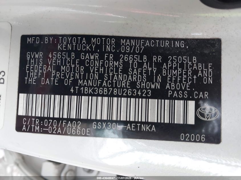 2008 Toyota Avalon Xl VIN: 4T1BK36B78U263423 Lot: 43648047