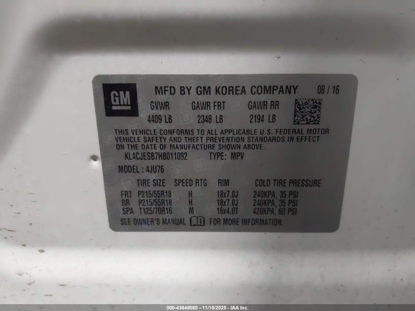 2017 Buick Encore Preferred VIN: KL4CJESB7HB011092 Lot: 43648080