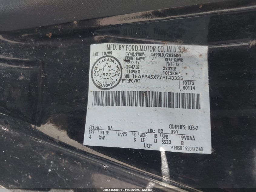 2000 Ford Mustang Gt VIN: 1FAFP45X7YF143335 Lot: 43648081