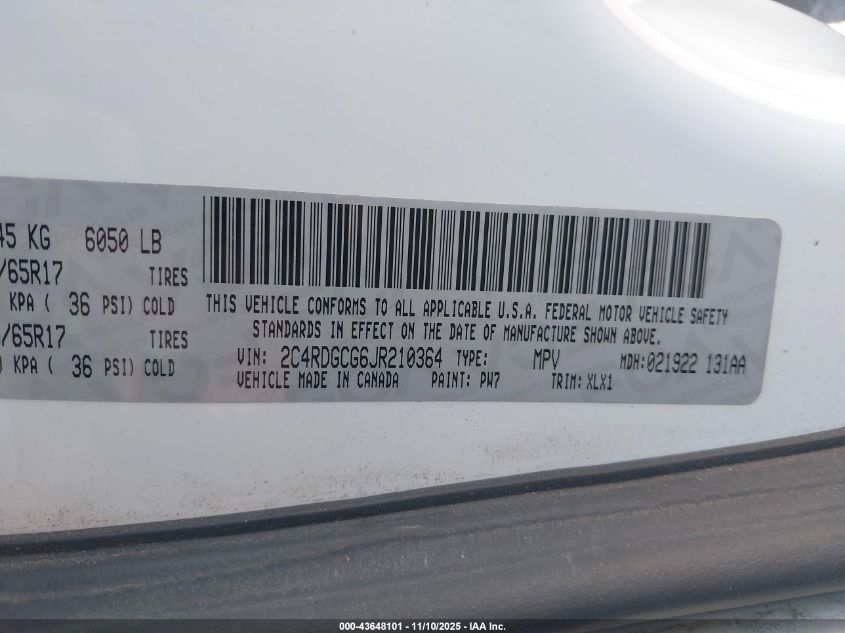 2018 Dodge Grand Caravan Sxt VIN: 2C4RDGCG6JR210364 Lot: 43648101