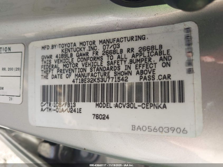 2003 Toyota Camry Le VIN: 4T1BE32K53U771542 Lot: 43648117