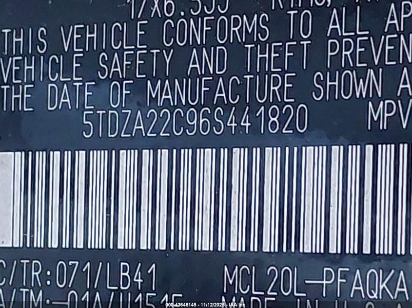 2006 Toyota Sienna Xle VIN: 5TDZA22C96S441820 Lot: 43648145