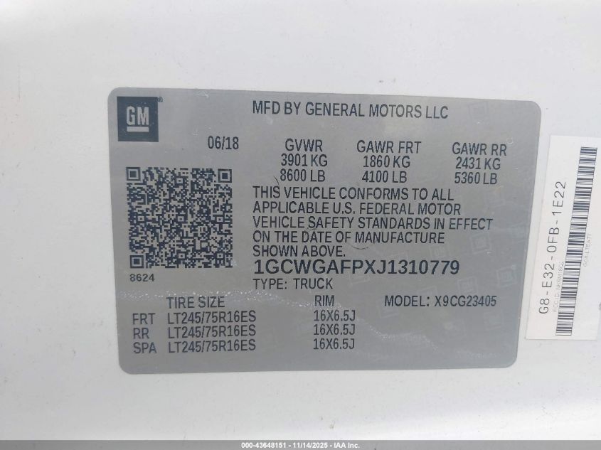 2018 Chevrolet Express 2500 Work Van VIN: 1GCWGAFPXJ1310779 Lot: 43648151