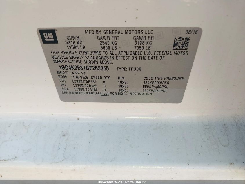 2016 Chevrolet Silverado 3500Hd Ltz VIN: 1GC4K0E81GF265365 Lot: 43648155
