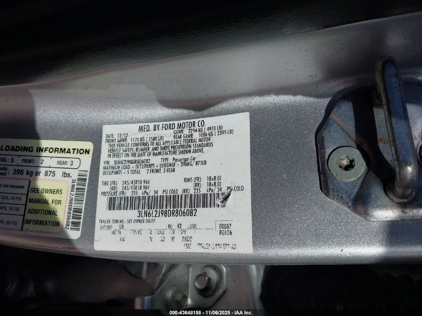 2013 Lincoln Mkz VIN: 3LN6L2J98DR806082 Lot: 43648158