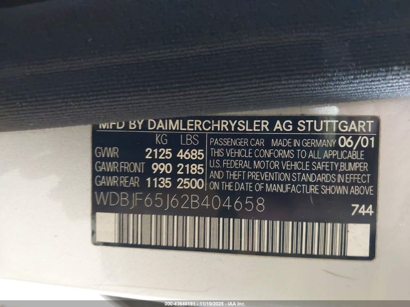 2002 Mercedes-Benz E 320 Special Edition VIN: WDBJF65J62B404658 Lot: 43648191