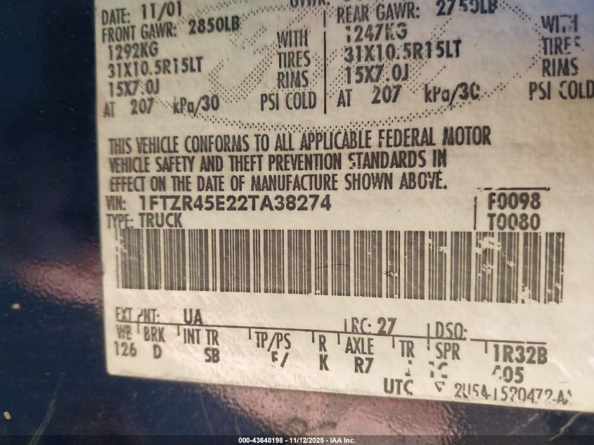 2002 Ford Ranger Edge/Xlt VIN: 01FTZR45E22TA3827 Lot: 43648198