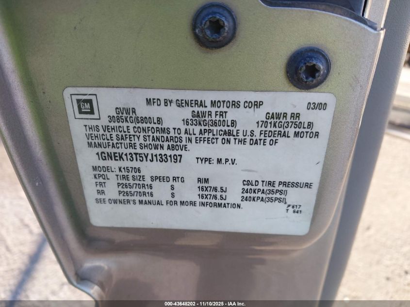 2000 Chevrolet Tahoe All New Lt VIN: 1GNEK13T5YJ133197 Lot: 43648202