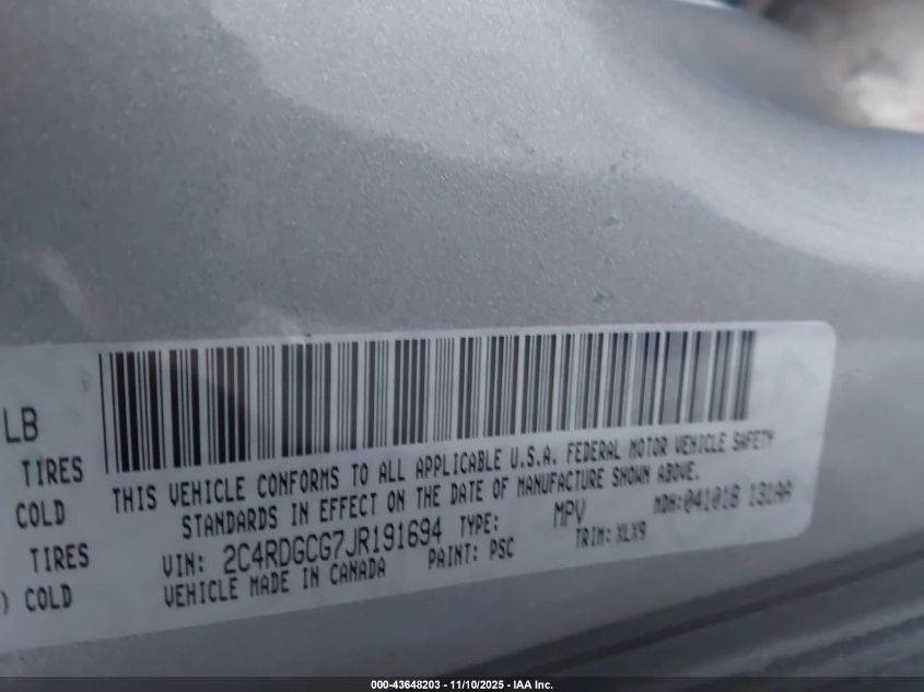 2018 Dodge Grand Caravan Sxt VIN: 2C4RDGCG7JR191694 Lot: 43648203
