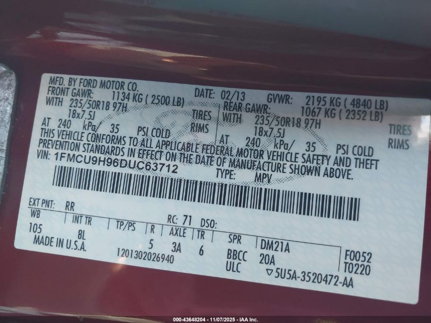 2013 Ford Escape Sel VIN: 1FMCU9H96DUC63712 Lot: 43648204