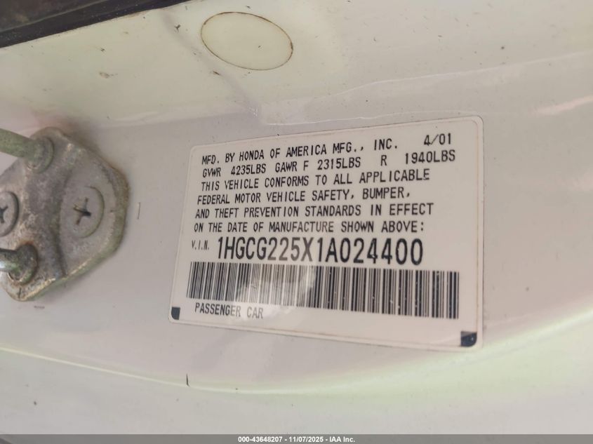 2001 Honda Accord 3.0 Ex VIN: 1HGCG225X1A024400 Lot: 43648207