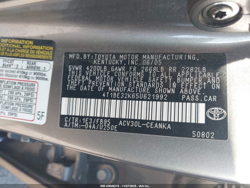 4T1BE32K65U621992 2005 TOYOTA CAMRY photo no. 9