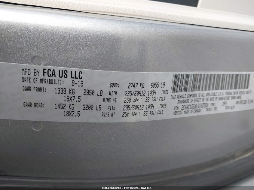 2020 Chrysler Pacifica Limited VIN: 2C4RC1GGXLR107350 Lot: 43648218