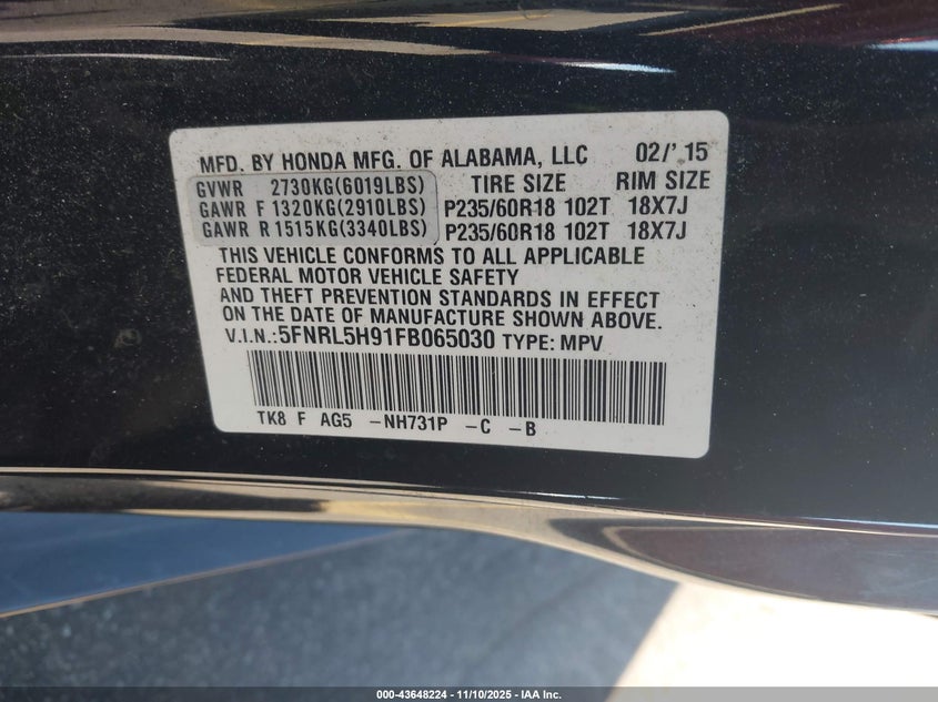 5FNRL5H91FB065030 2015 HONDA ODYSSEY photo no. 9