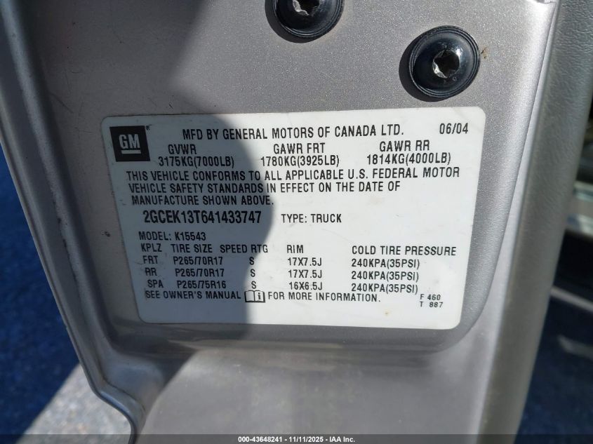 2004 Chevrolet Silverado 1500 Z71 VIN: 2GCEK13T641433747 Lot: 43648241