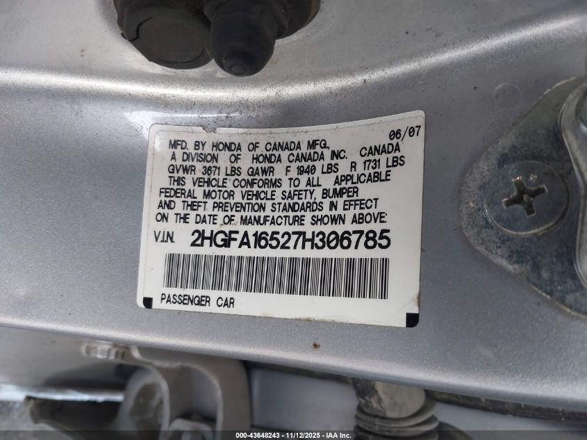 2007 Honda Civic Lx VIN: 2HGFA16527H306785 Lot: 43648243
