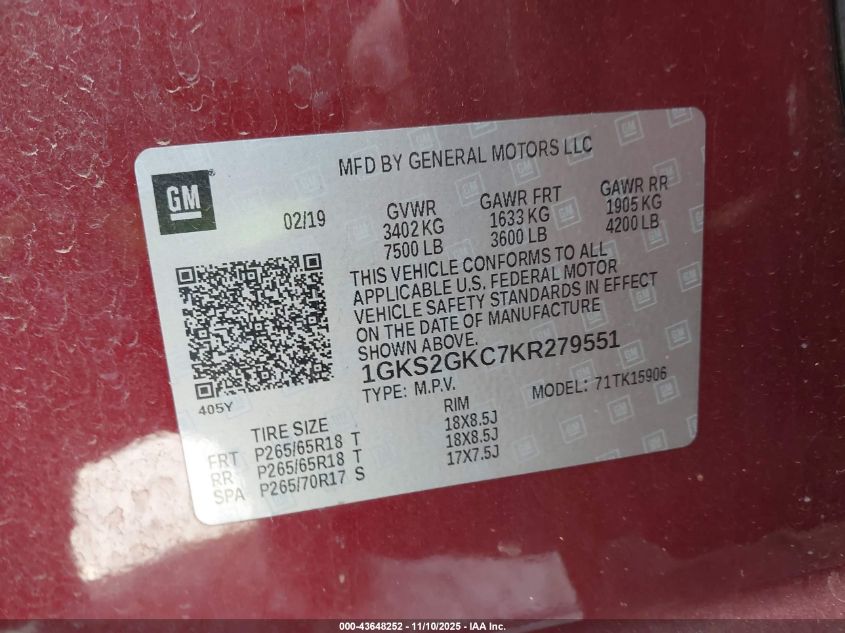 2019 GMC Yukon Xl Slt VIN: 1GKS2GKC7KR279551 Lot: 43648252