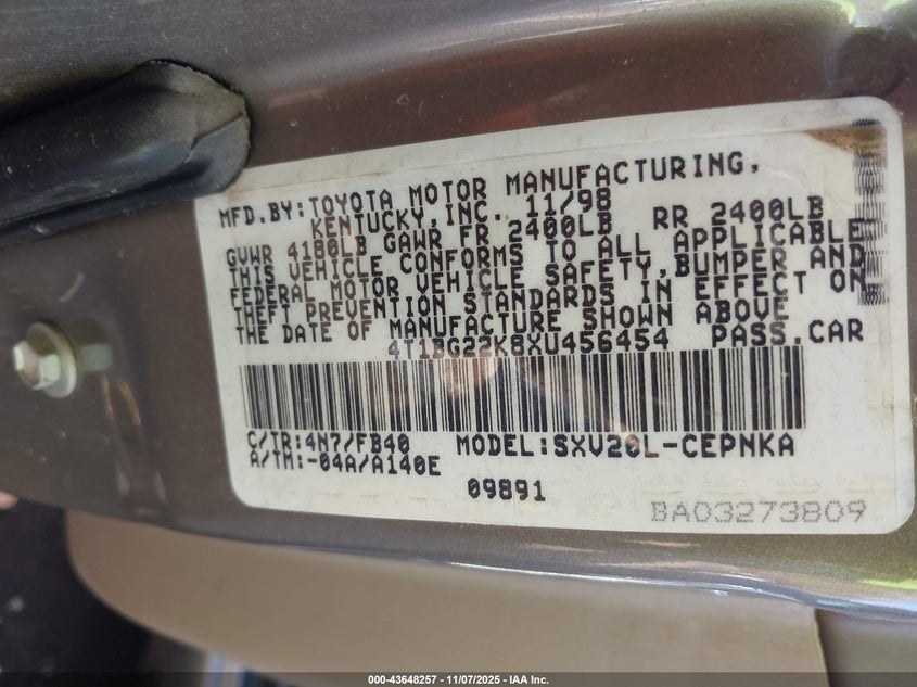 4T1BG22K8XU456454 1999 TOYOTA CAMRY photo no. 9