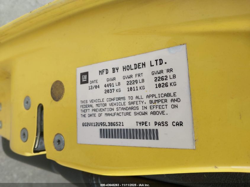 2005 Pontiac Gto VIN: 6G2VX12U95L386521 Lot: 43648263