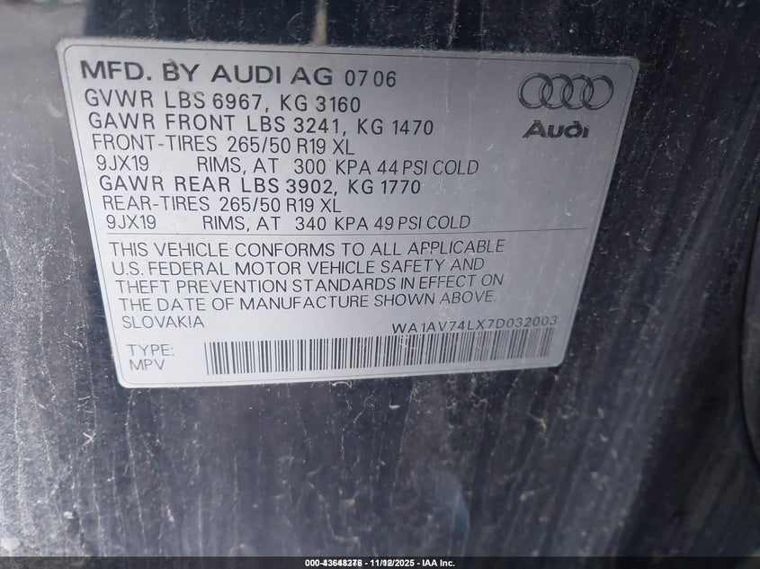 2007 Audi Q7 4.2 VIN: WA1AV74LX7D032003 Lot: 43648276